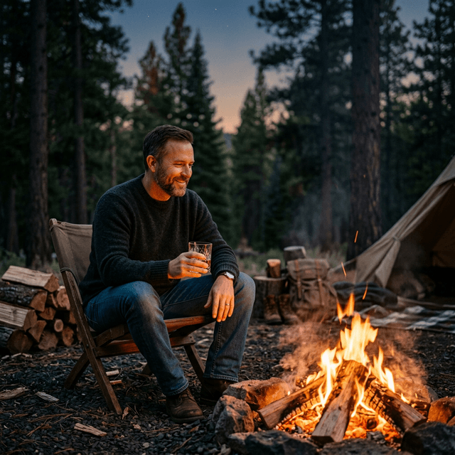 Father enjoying bourbon by the campfire