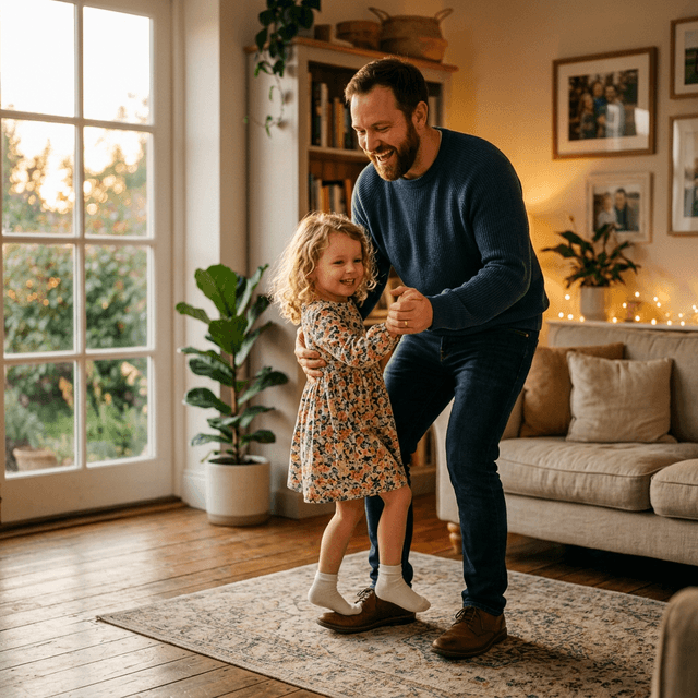 Father dancing with daughter at home