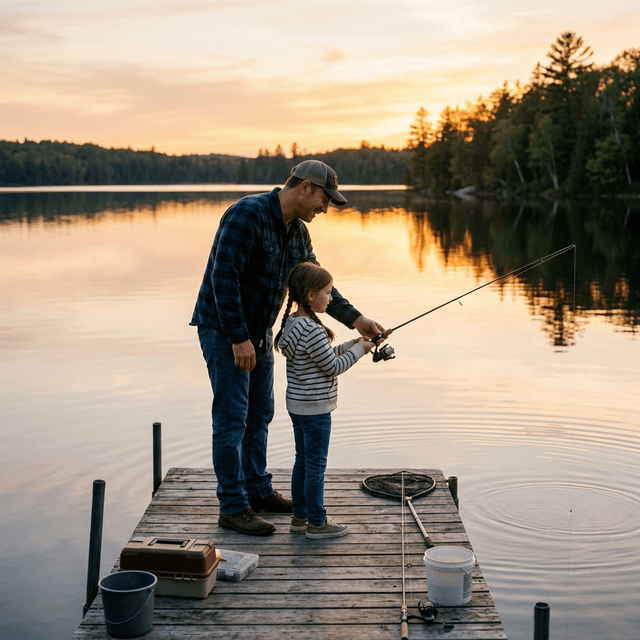 Father and daughter fishing at sunset