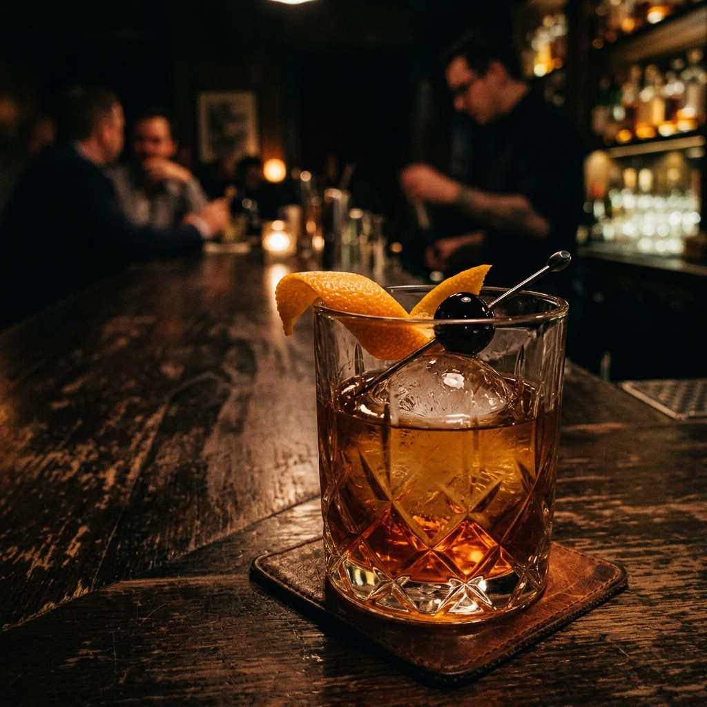 The Girl Dad Old Fashioned — bourbon cocktail with orange peel and Luxardo cherry
