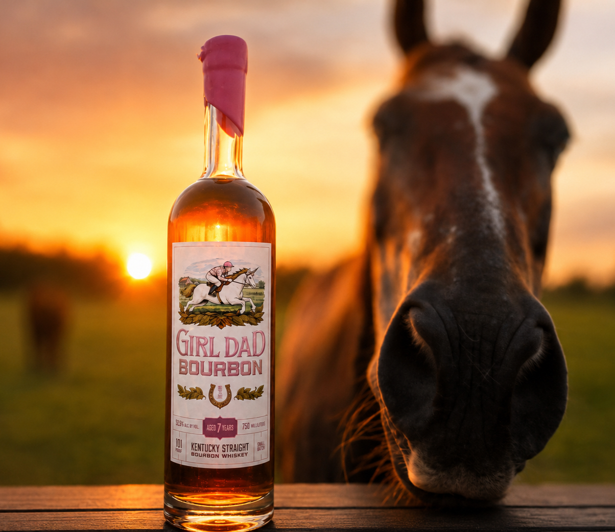 Girl Dad Bourbon bottle with horses