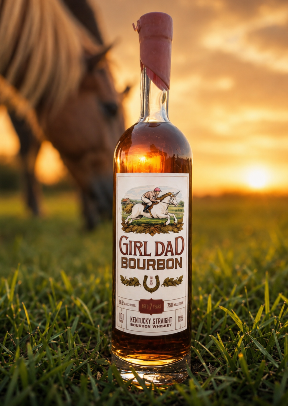 Girl Dad Bourbon bottle with horses in Kentucky
